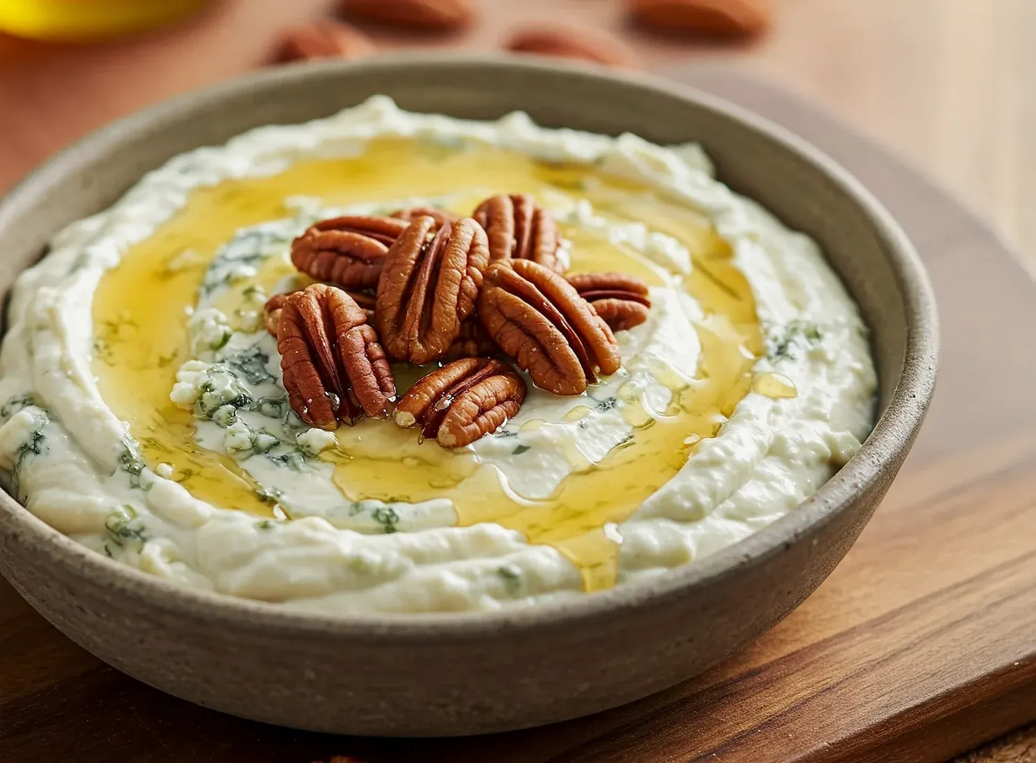 Dip de queso azul con nuez pecana y miel