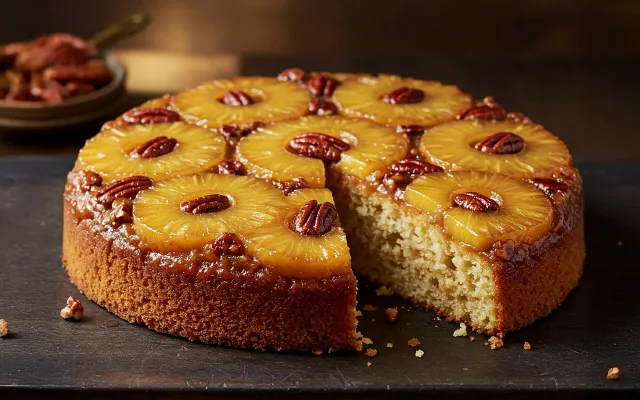 Pastel invertido de piña y nuez pecana