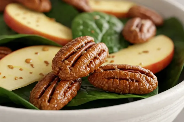 Ensalada de espinaca, manzana y nuez pecana caramelizada