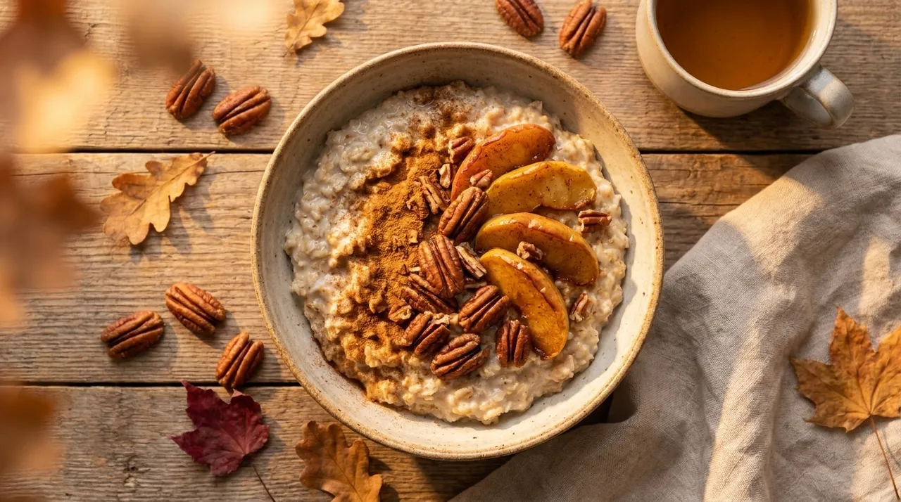 Bowl de avena con nuez pecana, manzana asada y canela para el otono
