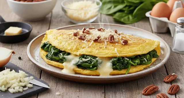 Omelette Esponjoso con Espinaca, Queso y el Crunch de la Nuez