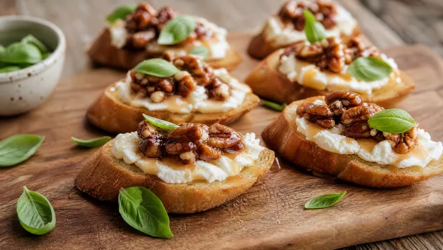 Bruschetta con Queso de Cabra, Miel y Nuez Pecana