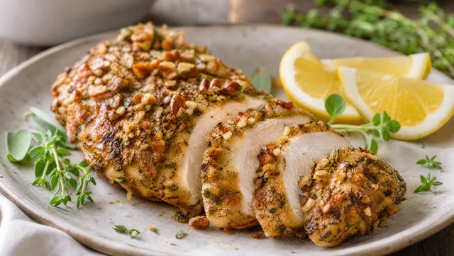 Pollo a la Mostaza con Costra de Nuez Pecana y Hierbas