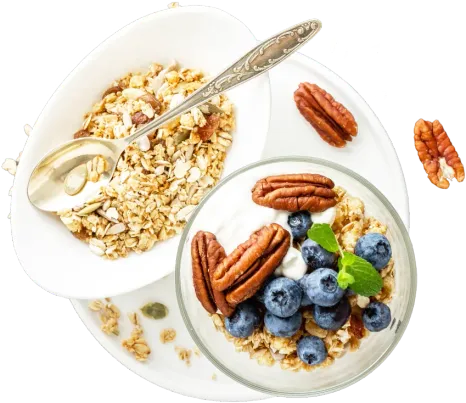 Collage de recetas con nuez pecana: granola, bowl de yogur y platillos frescos