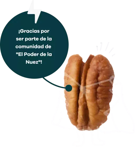 Súper nuez con capa y un globo de diálogo: “¡Gracias por ser parte de la comunidad de El Poder de la Nuez!”