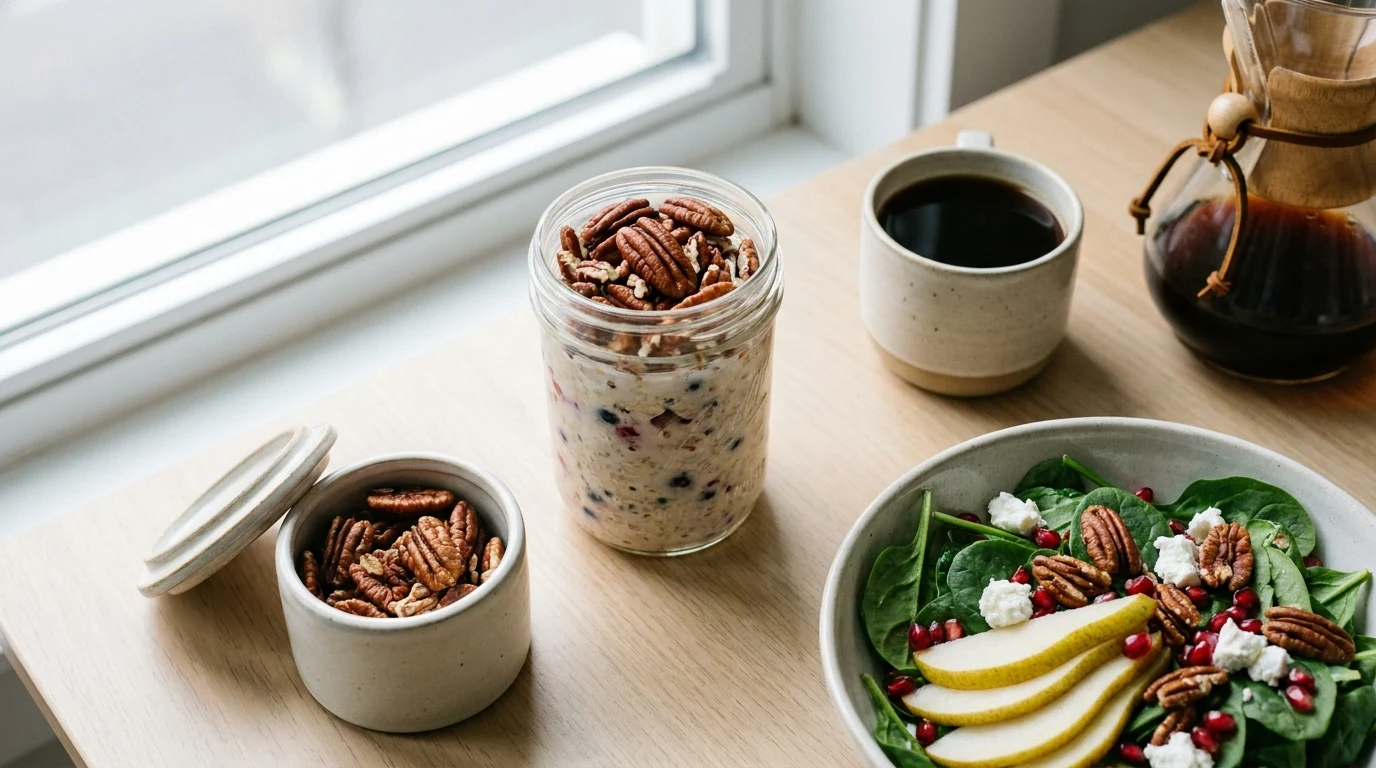 Overnight oats, ensalada de espinaca-pera y nuez pecana tostada para la oficina