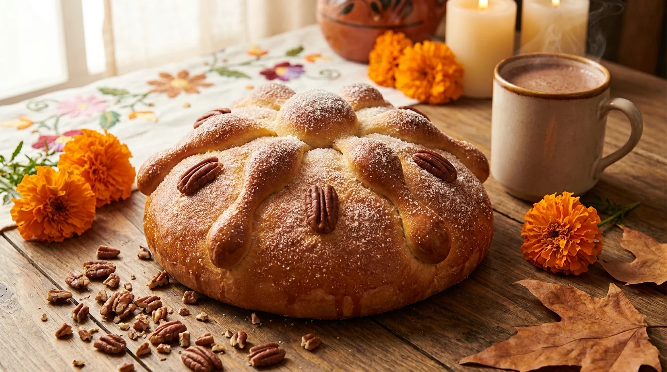 Pan de muerto con nuez pecana para Día de Muertos