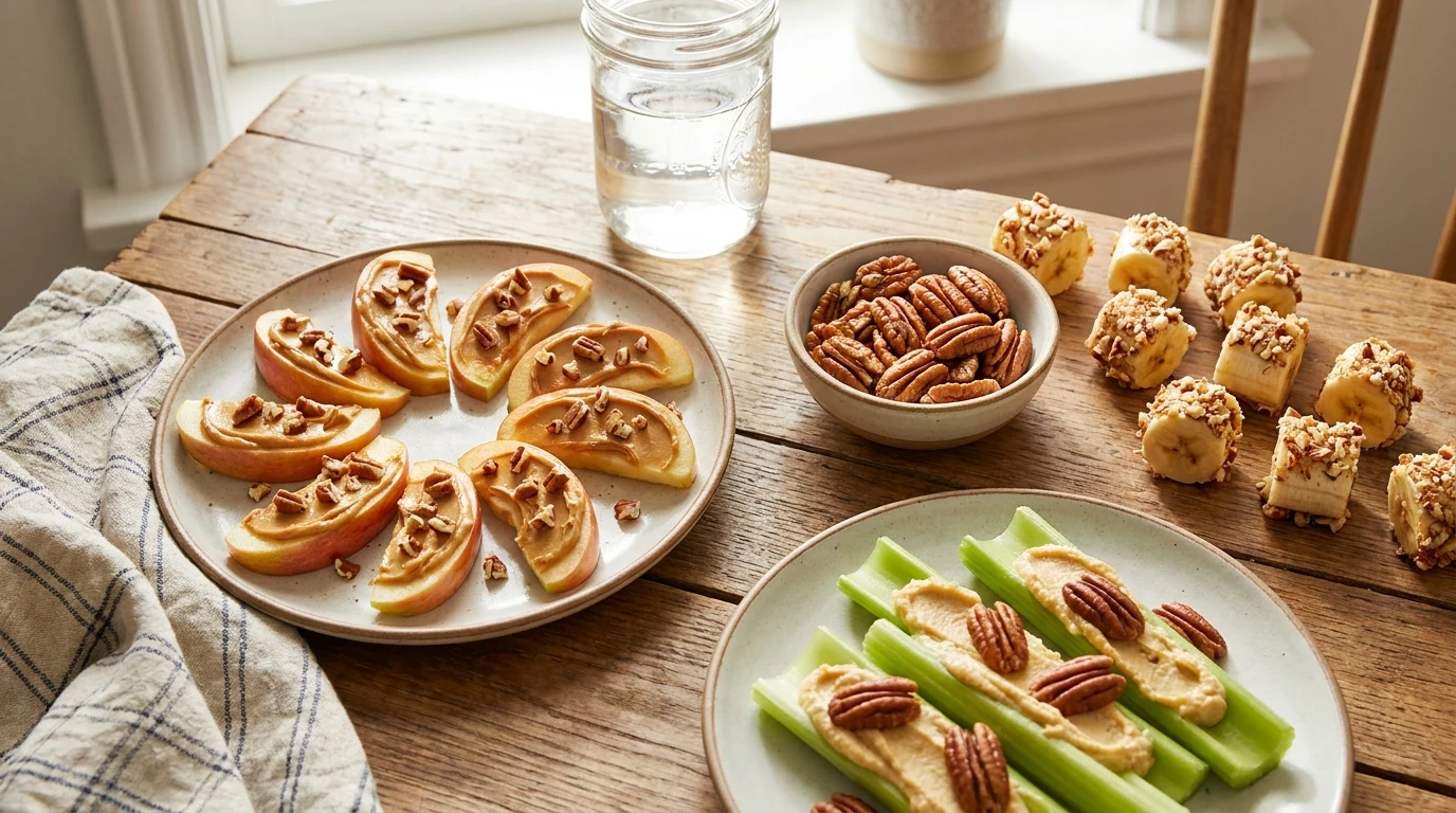 Snacks de nuez pecana para la tarde: manzana con crema, apio con hummus y bocaditos de plátano