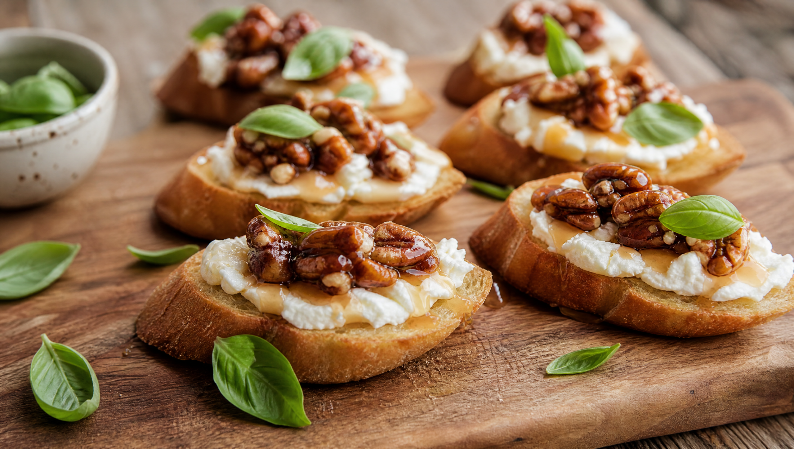 Bruschetta con Queso de Cabra, Miel y Nuez Pecana