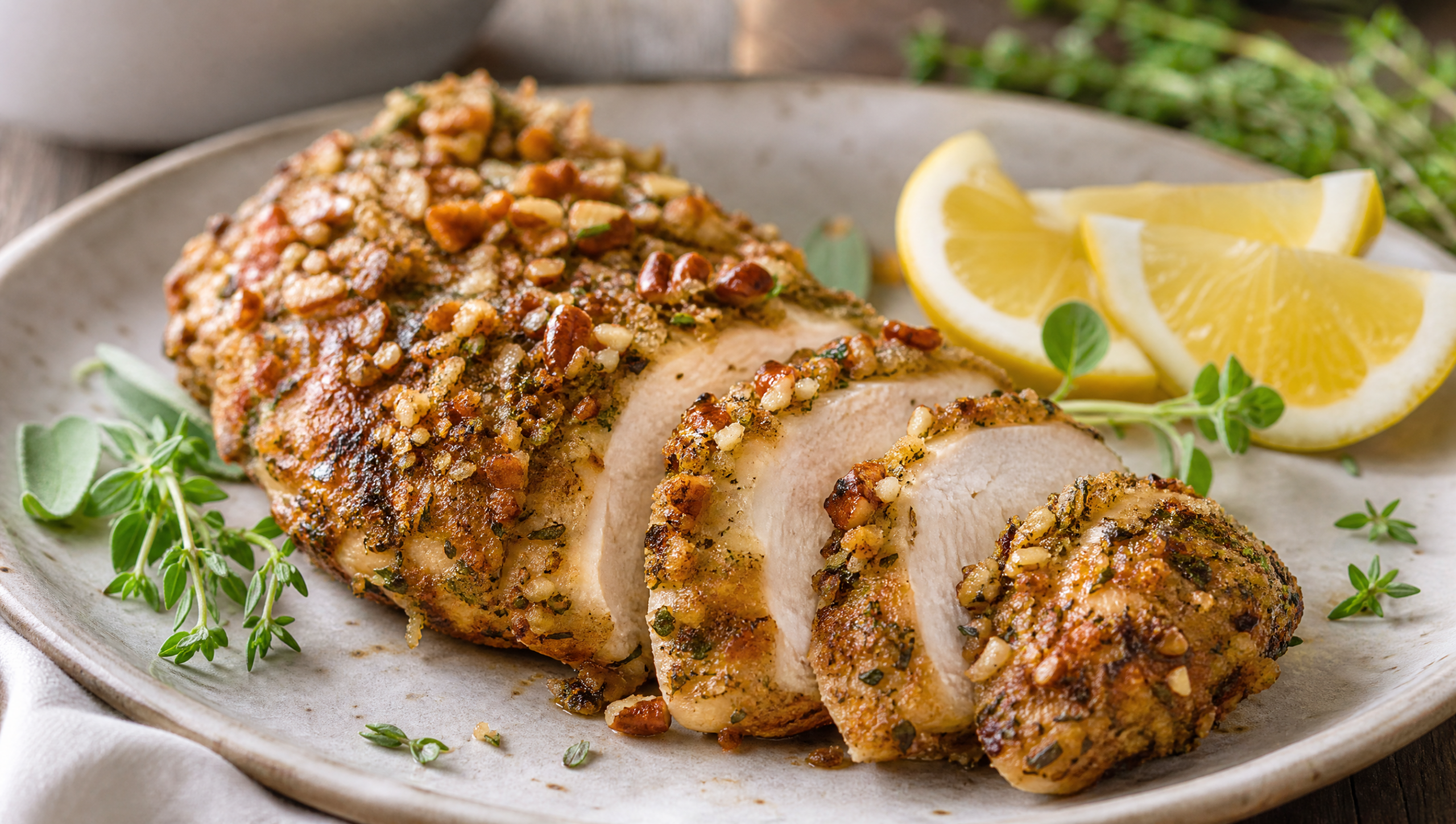 Pollo a la Mostaza con Costra de Nuez Pecana y Hierbas